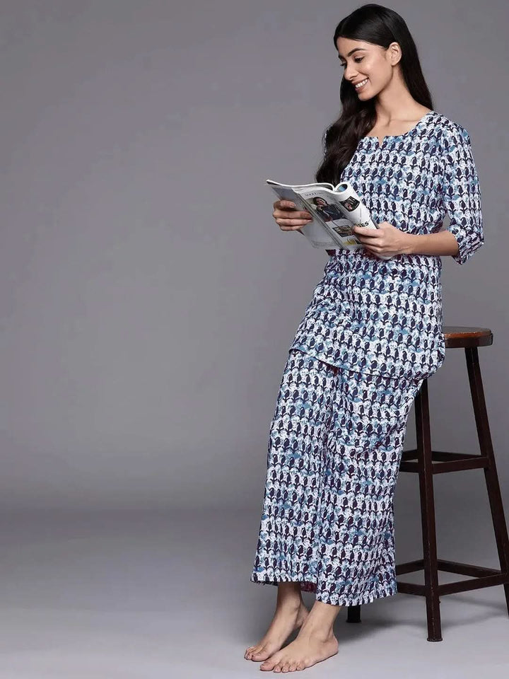 White Printed Cotton Night Suit - Libas