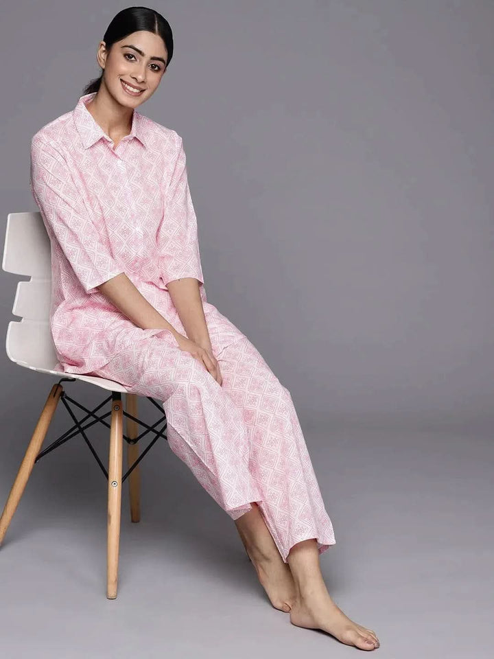 White Printed Cotton Night Suit - Libas