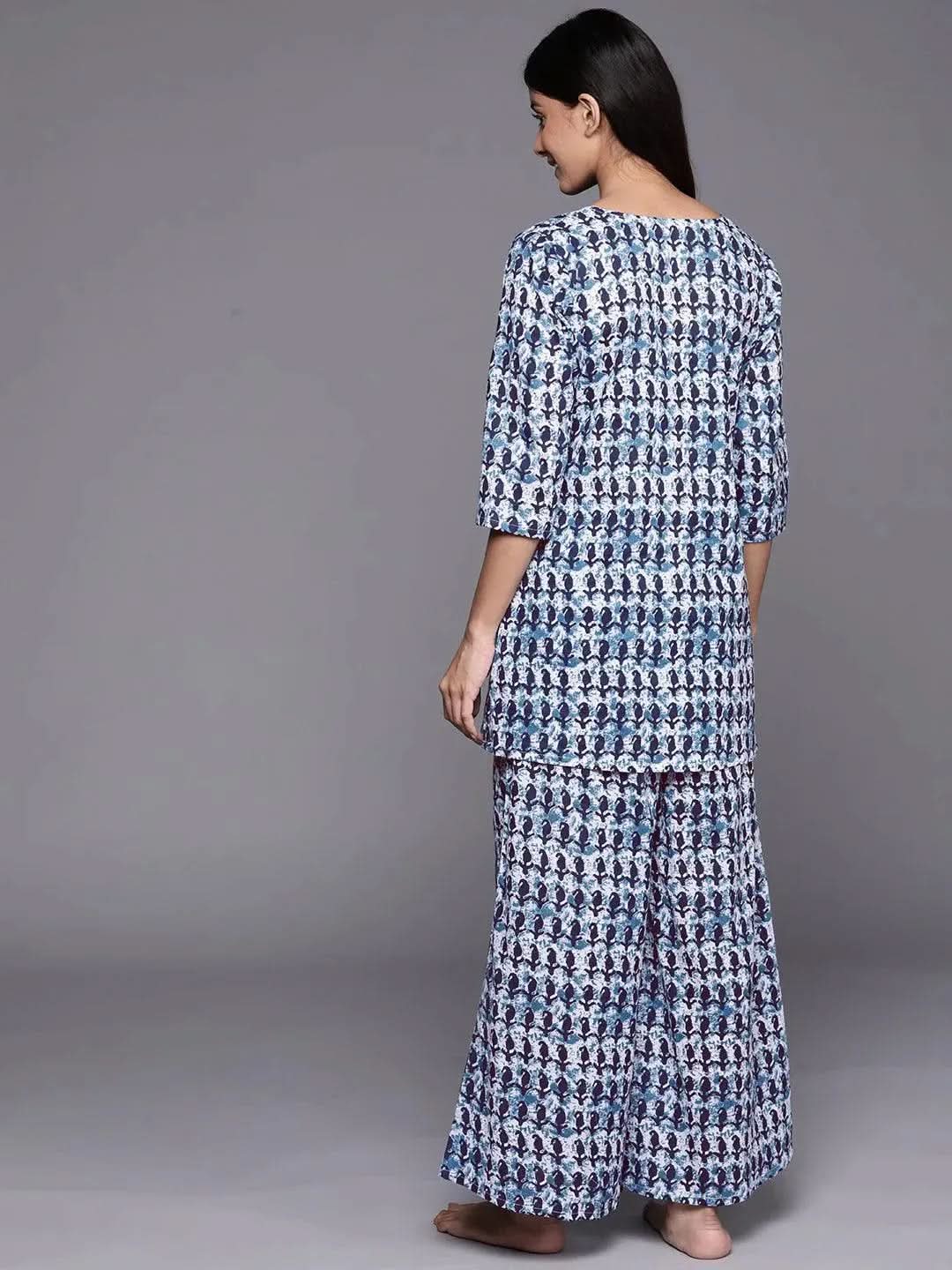 White Printed Cotton Night Suit - Libas