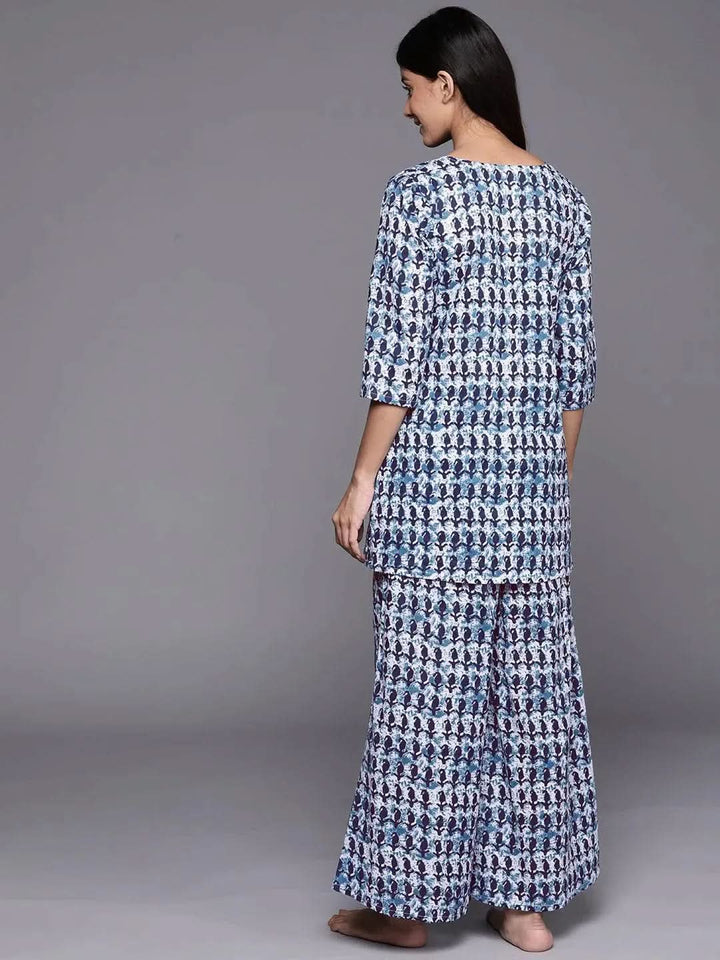 White Printed Cotton Night Suit - Libas