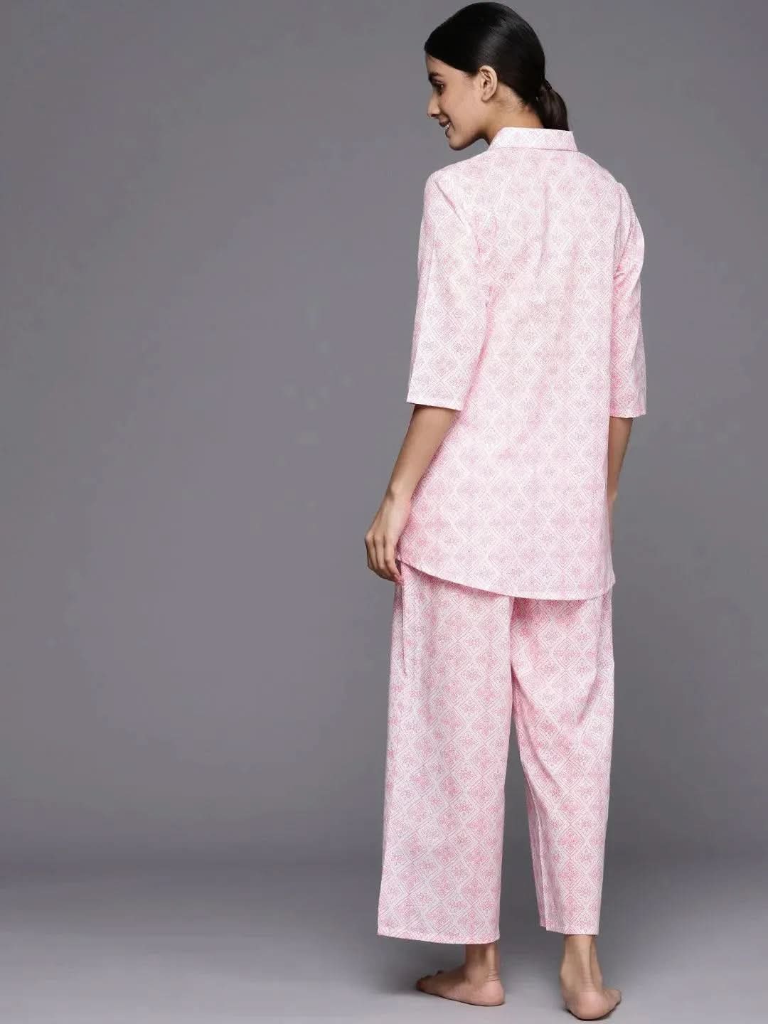 White Printed Cotton Night Suit - Libas