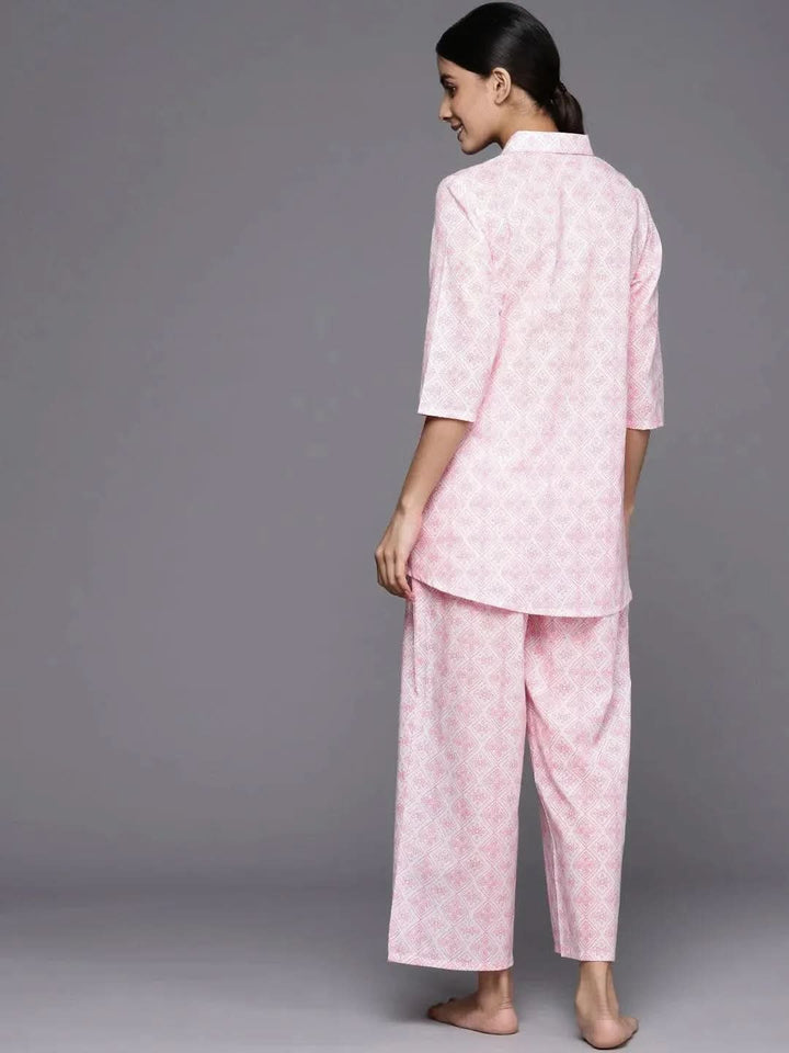 White Printed Cotton Night Suit - Libas
