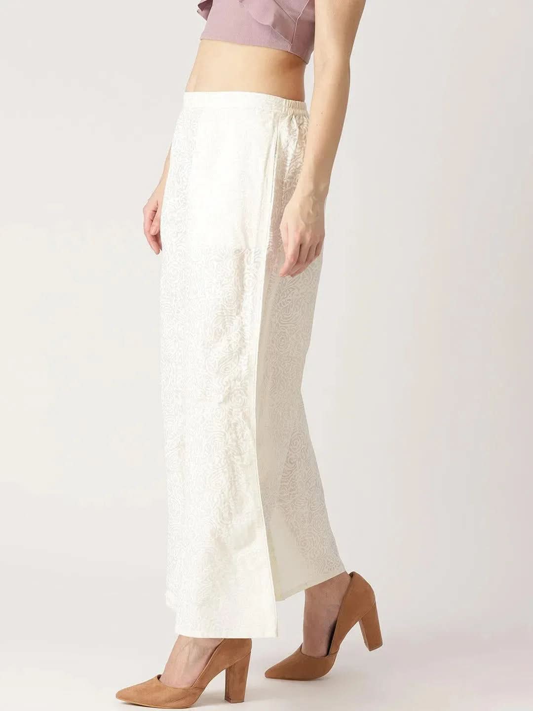 White Printed Cotton Palazzos - Libas