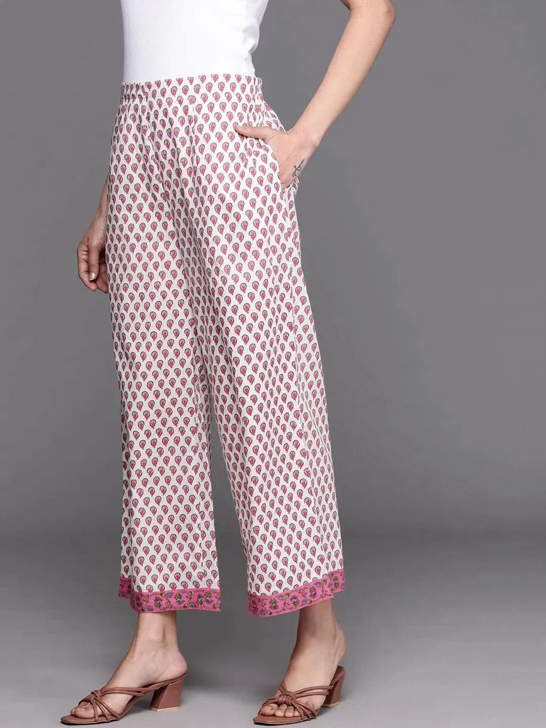 White Printed Cotton Palazzos - Libas