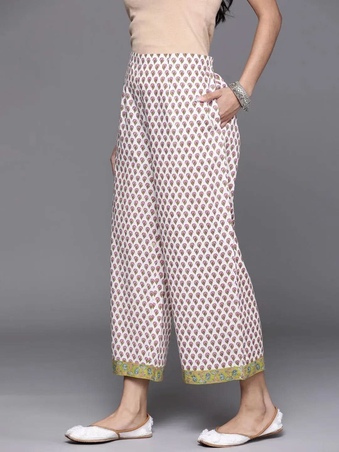White Printed Cotton Palazzos - Libas