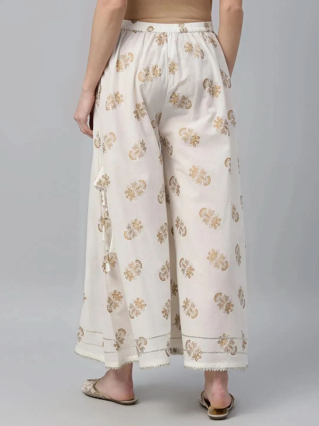 White Printed Cotton Palazzos - Libas