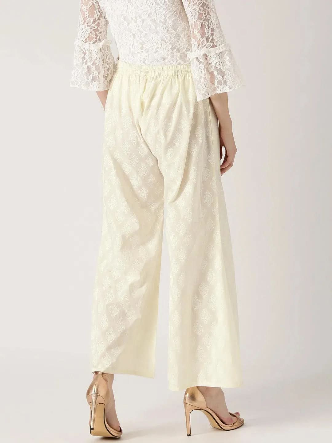 White Printed Cotton Palazzos - Libas