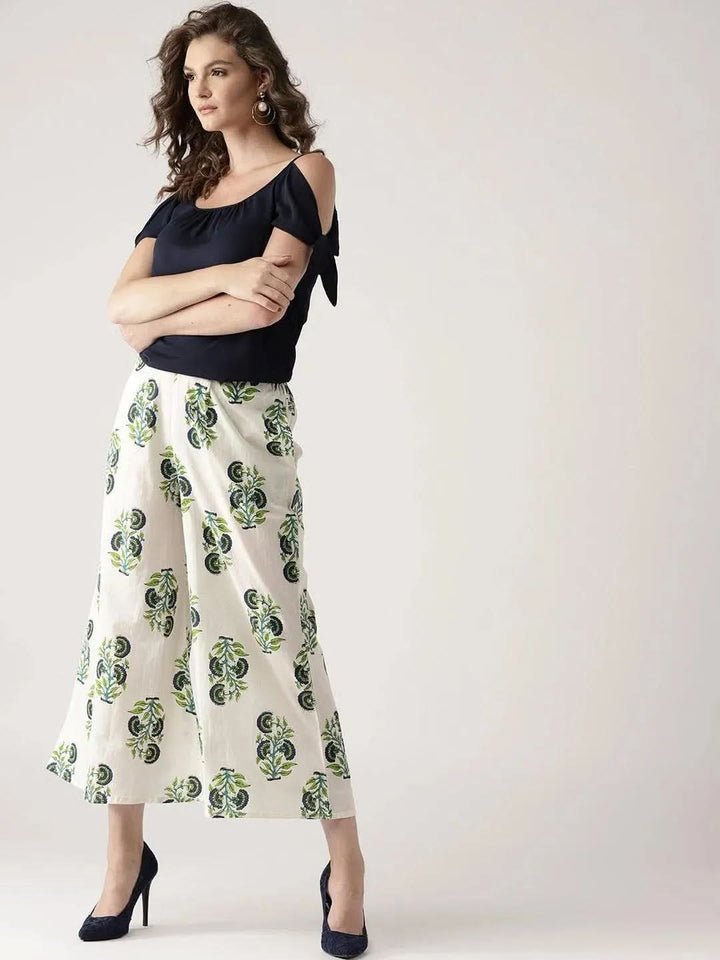 White Printed Cotton Palazzos - Libas