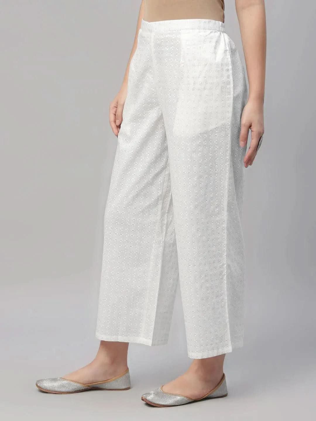 White Printed Cotton Palazzos 
White Printed Cotton Palazzos