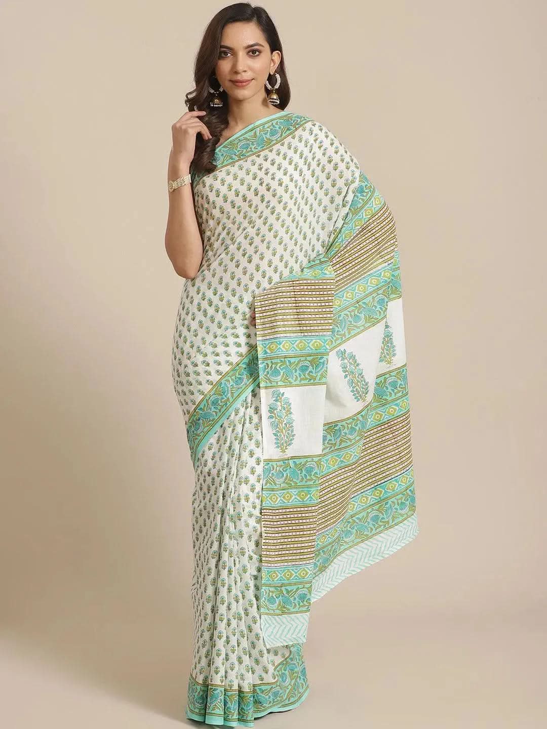 White Printed Cotton Saree - Libas
