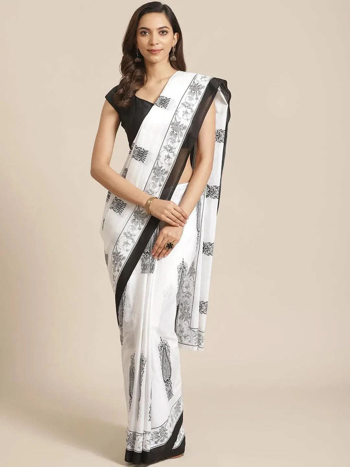 White Printed Cotton Saree - Libas