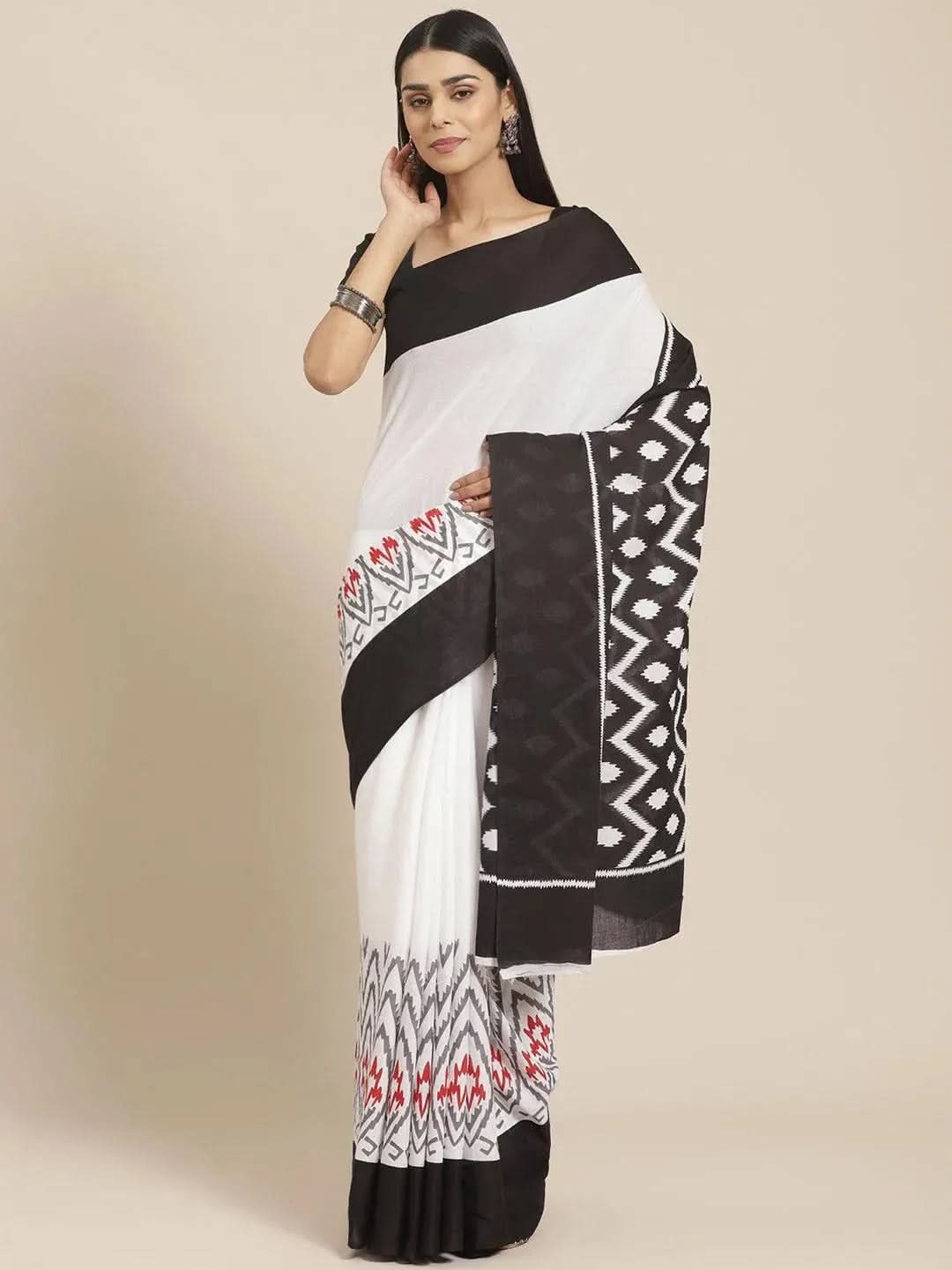 White Printed Cotton Saree - Libas