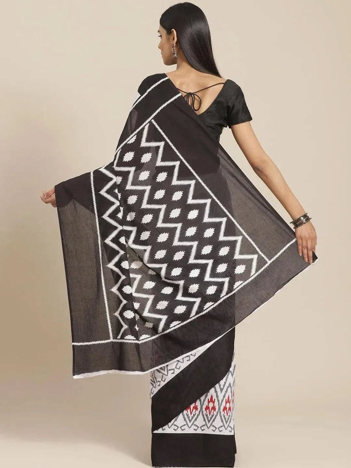 White Printed Cotton Saree - Libas