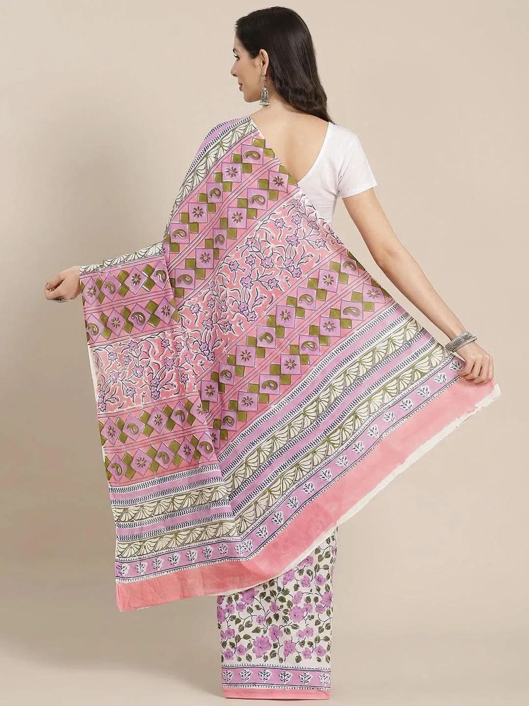 White Printed Cotton Saree - Libas