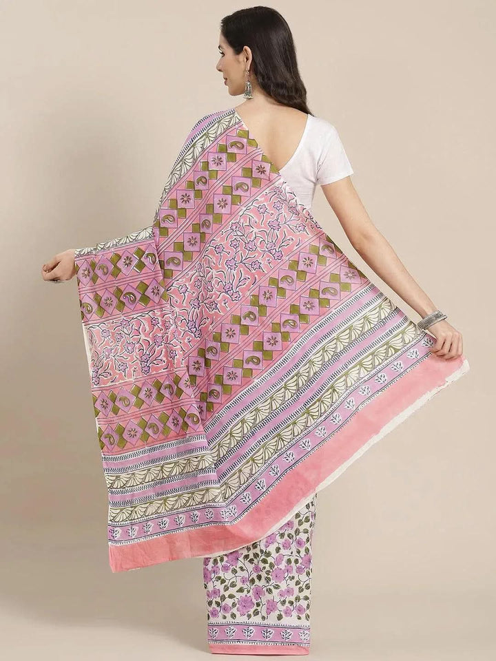 White Printed Cotton Saree - Libas