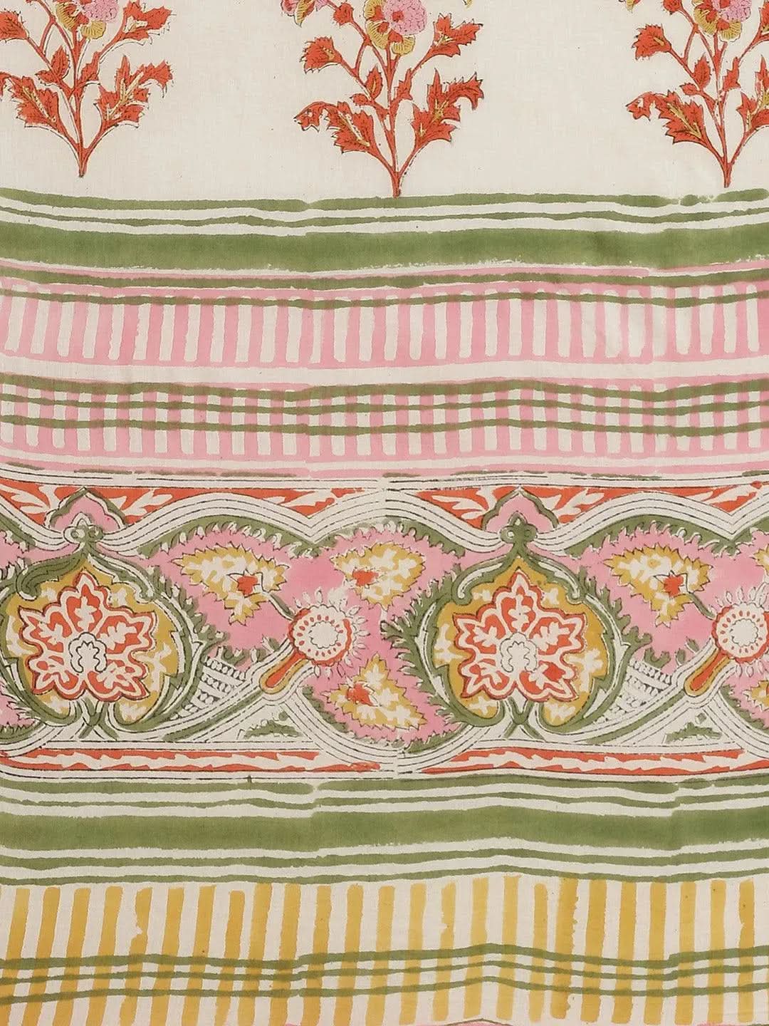 White Printed Cotton Saree - Libas