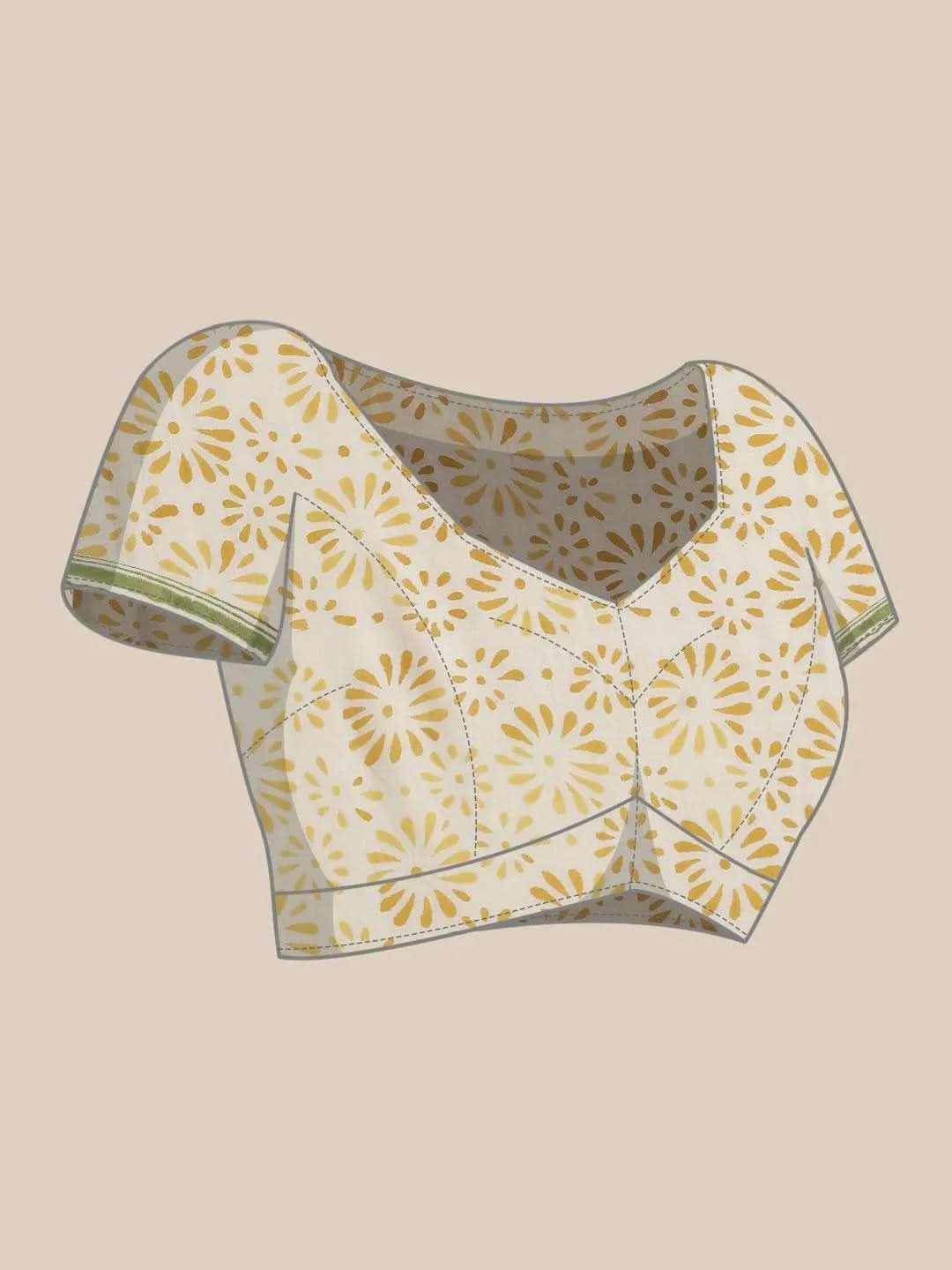 White Printed Cotton Saree - Libas