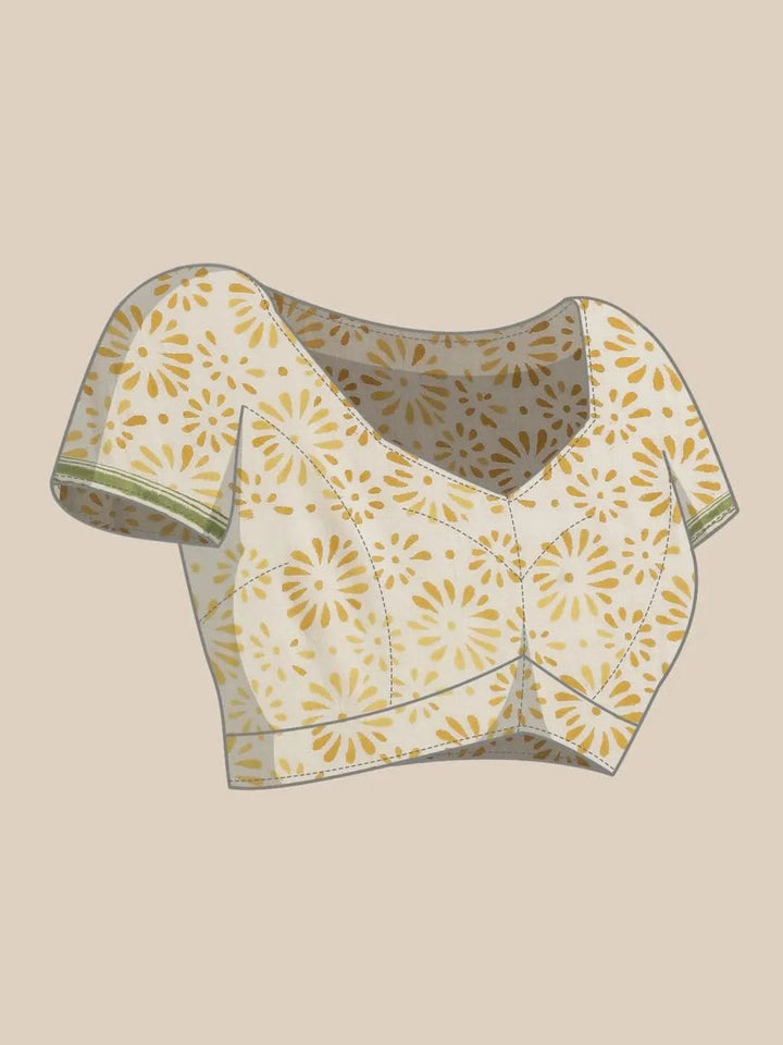 White Printed Cotton Saree - Libas