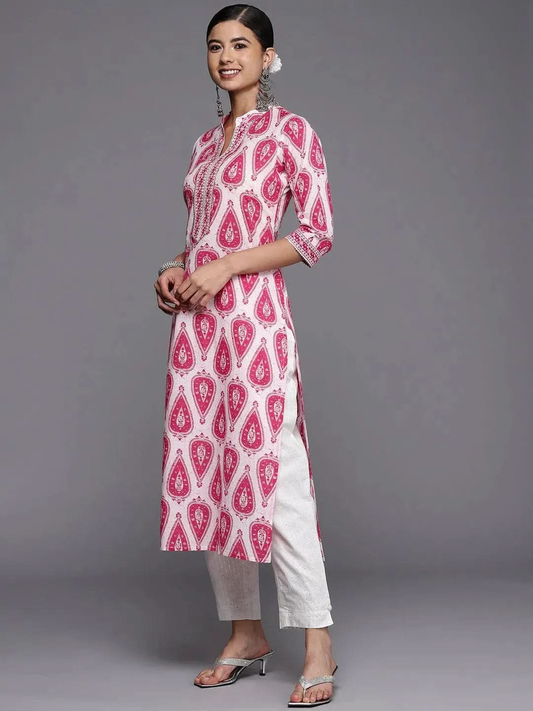 White Printed Cotton Straight Kurta - Libas