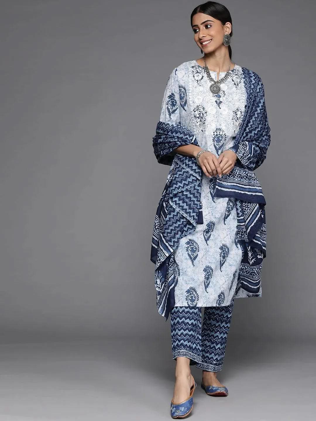White Printed Cotton Suit Set - Libas