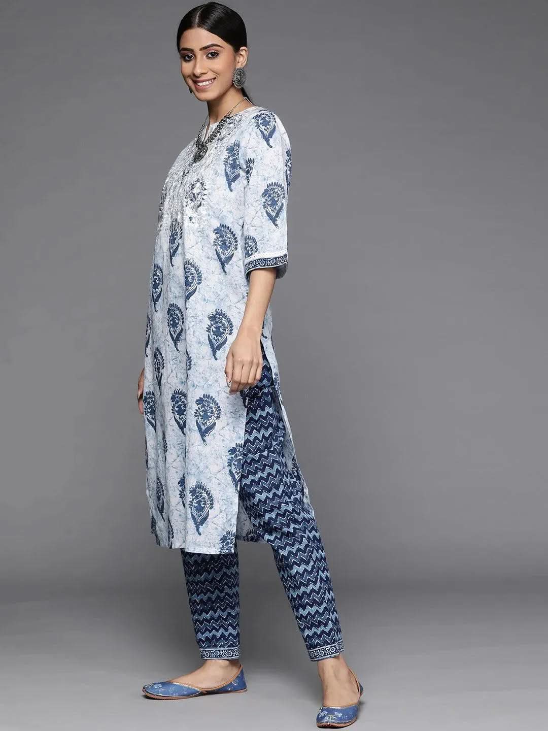 White Printed Cotton Suit Set - Libas
