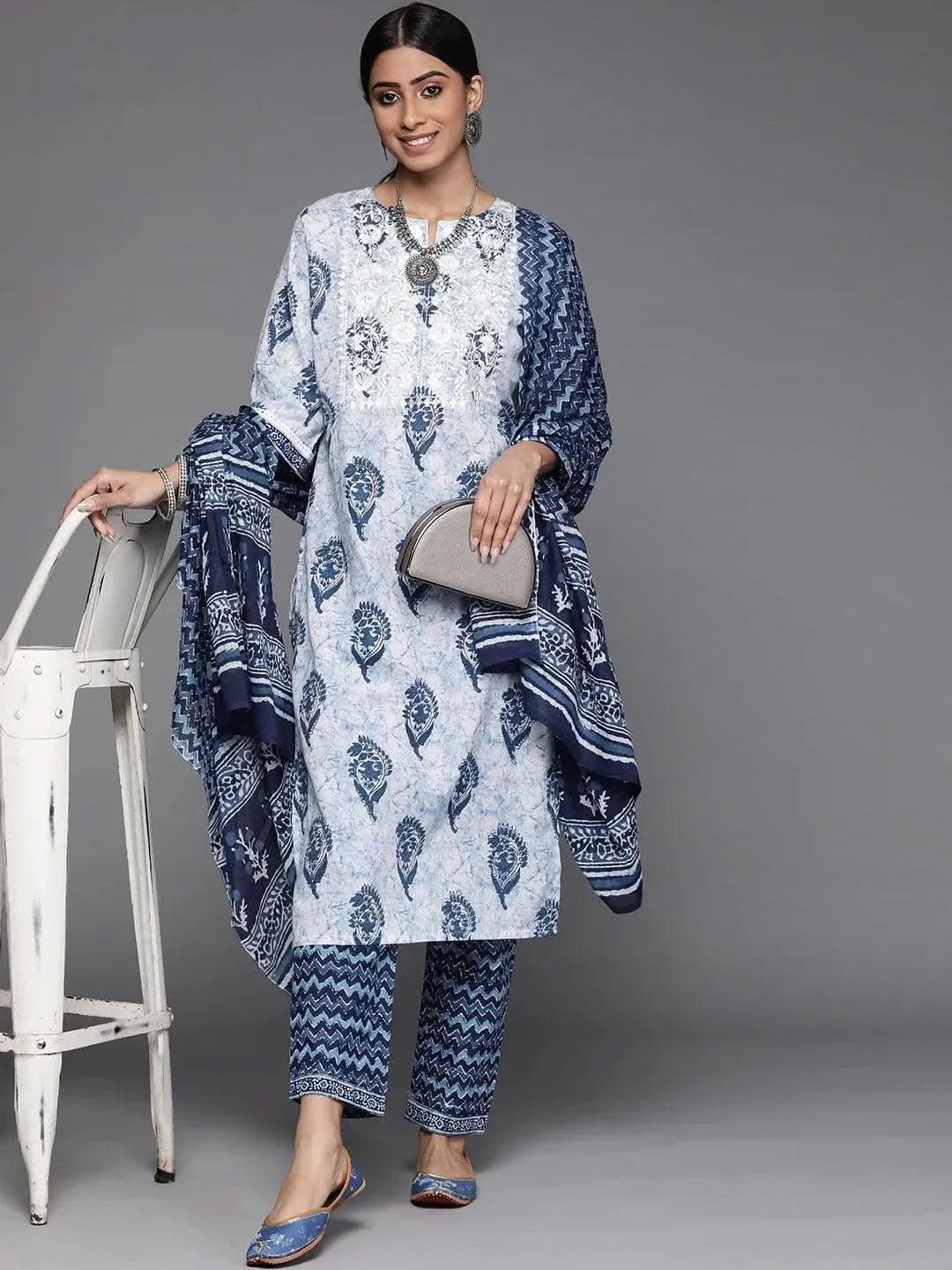 White Printed Cotton Suit Set - Libas