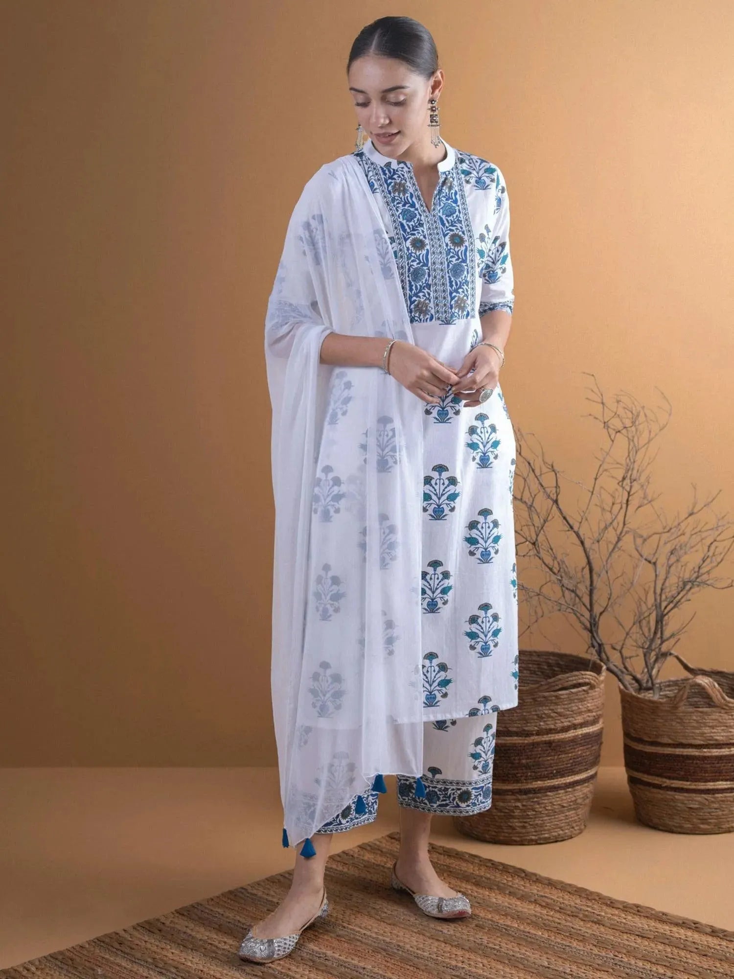 White Printed Cotton Straight Kurta With Palazzos Online at Rs.1199 | Libas