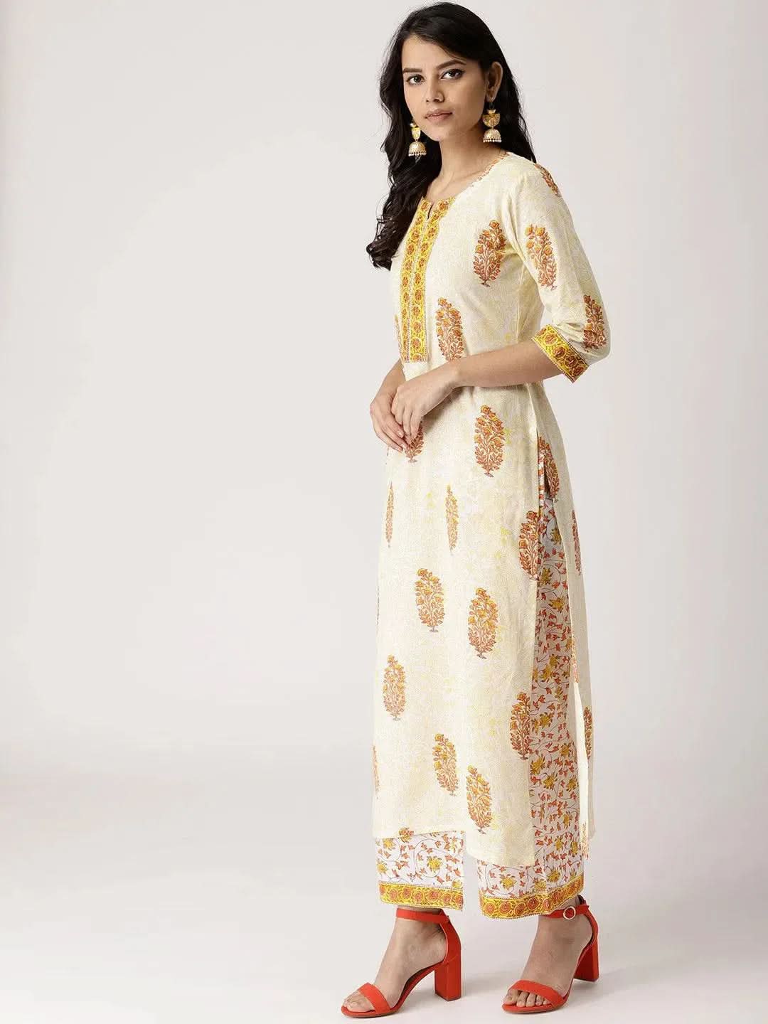White Printed Cotton Straight Kurta With Palazzos
White Printed Cotton Straight Kurta With Palazzos