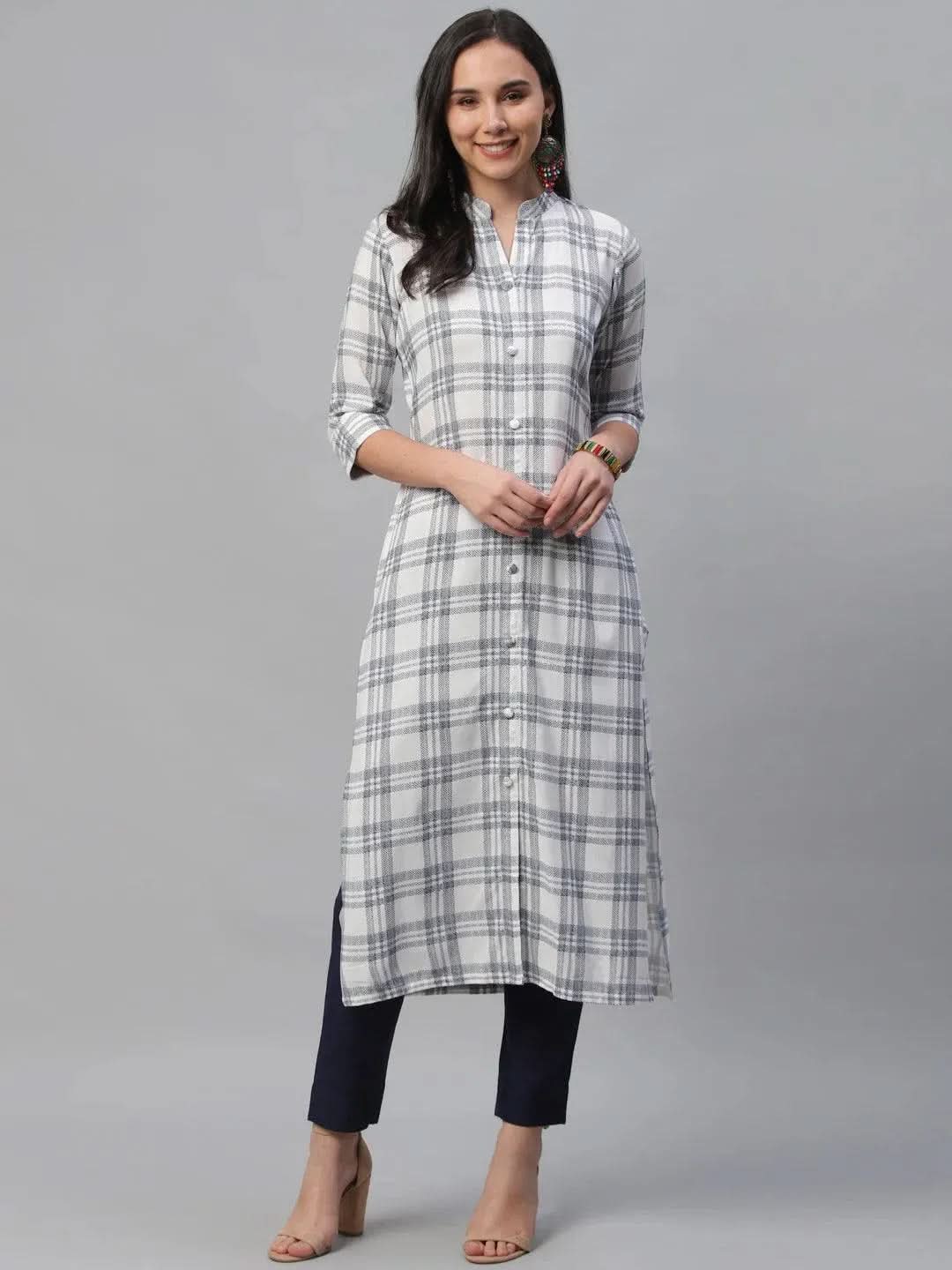 White Printed Rayon Kurta - Libas