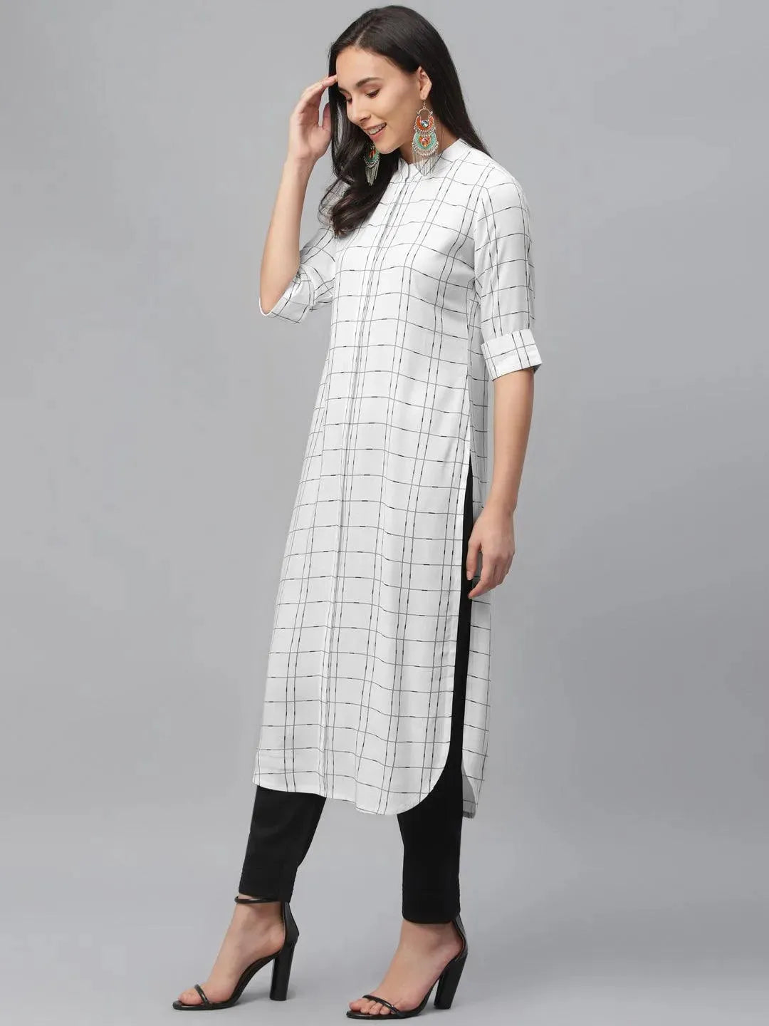 White Printed Rayon Kurta - Libas
