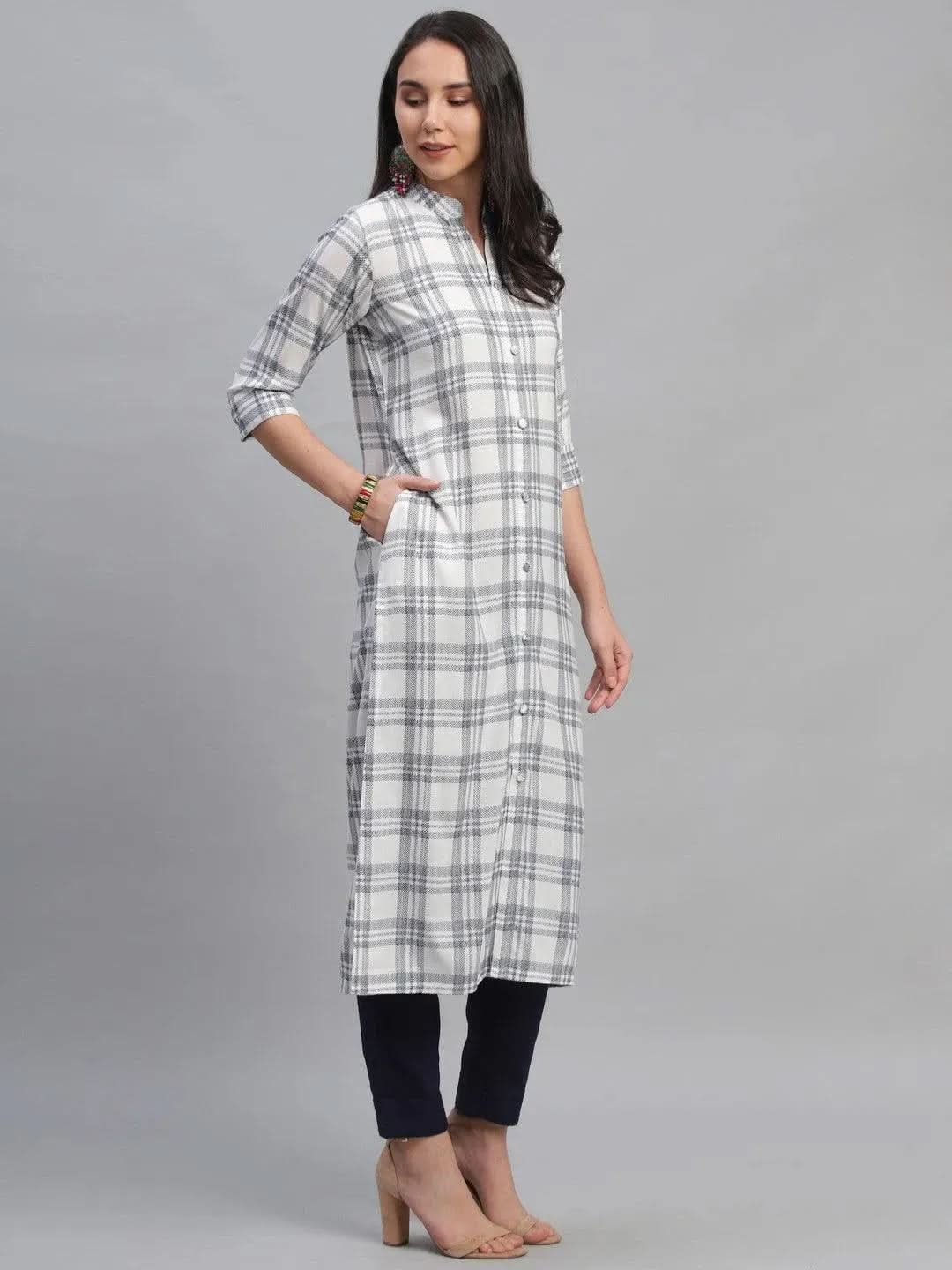White Printed Rayon Kurta - Libas