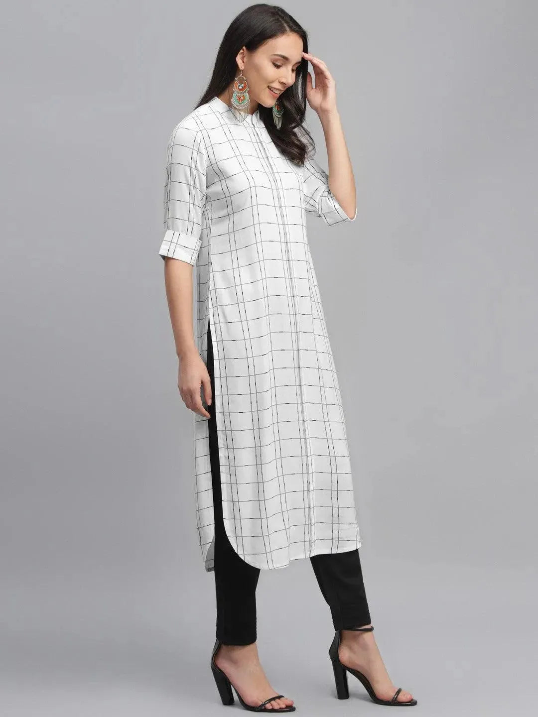 White Printed Rayon Kurta - Libas