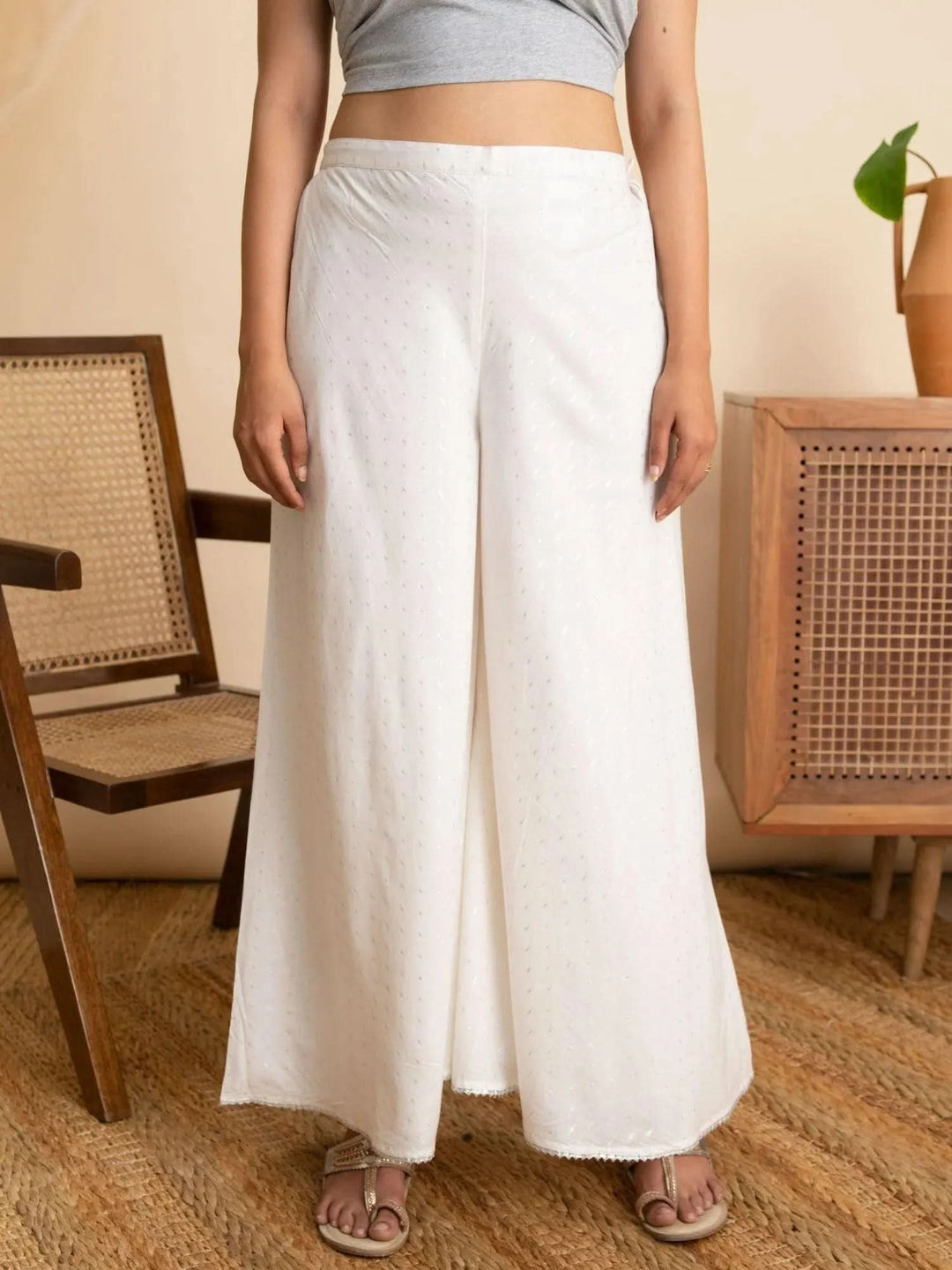 White Self Design Cotton Palazzos - Libas