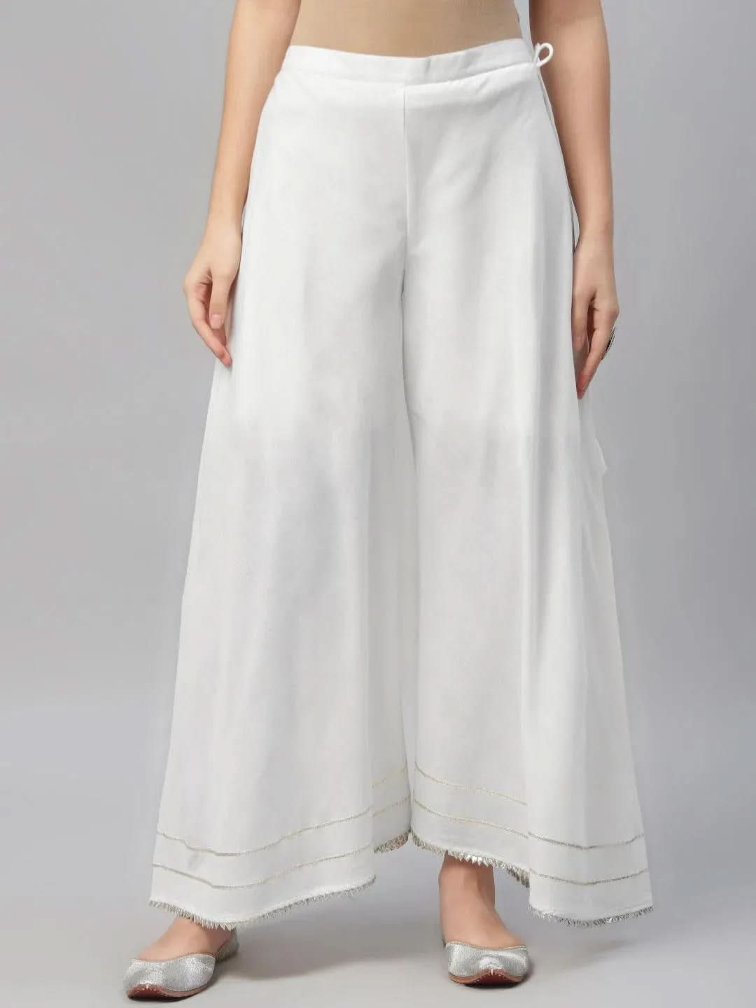 White Solid Cotton Palazzos - Libas