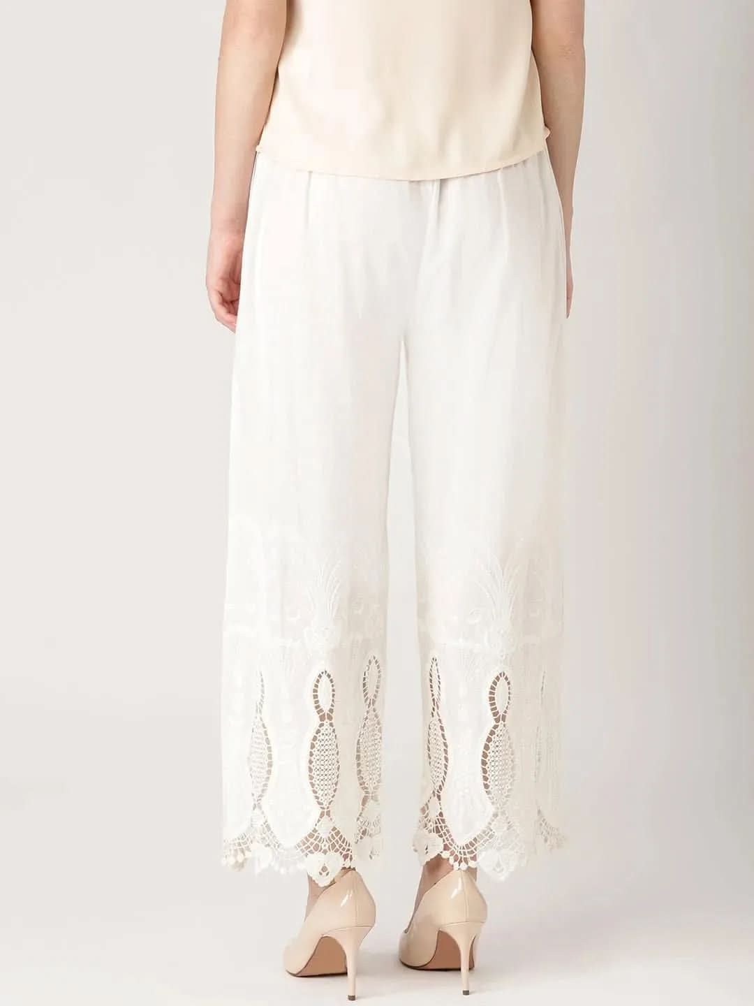 White Solid Cotton Palazzos - Libas