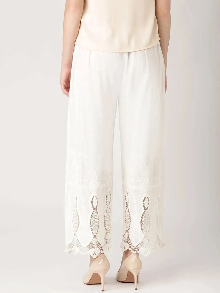 White Solid Cotton Palazzos - Libas