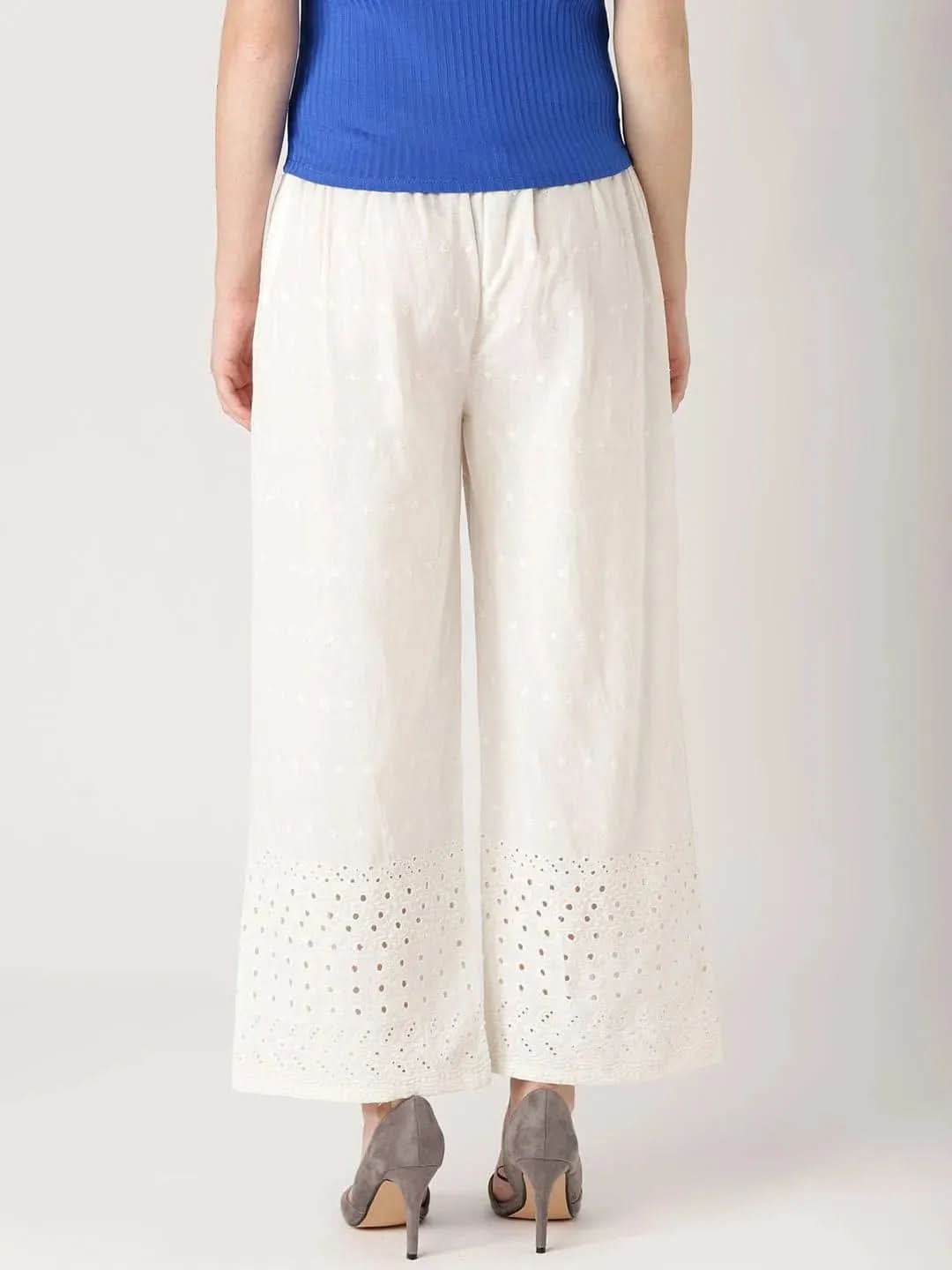 White Solid Cotton Palazzos - Libas