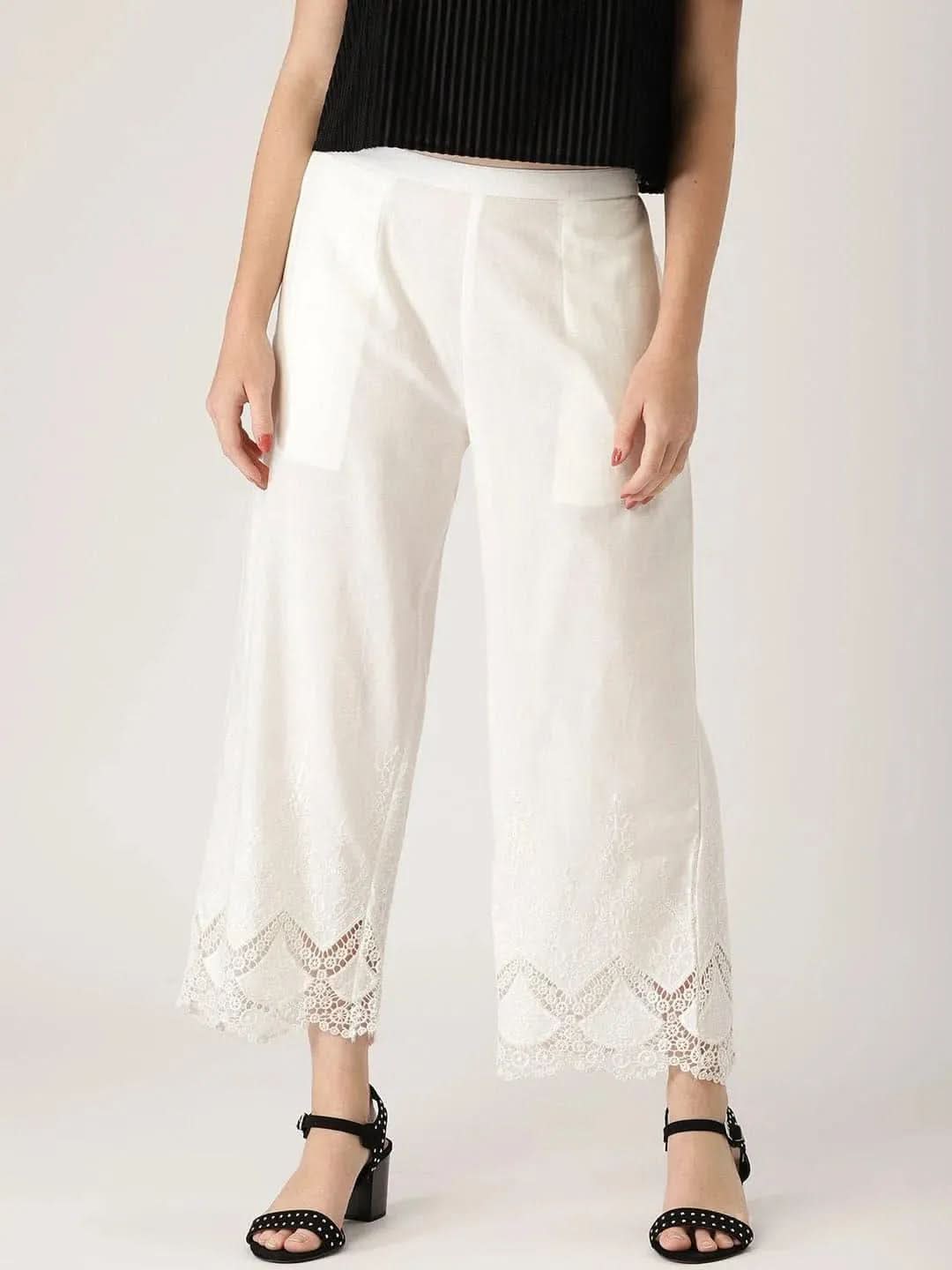 White Solid Cotton Palazzos - Libas