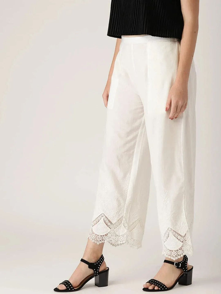 White Solid Cotton Palazzos - Libas