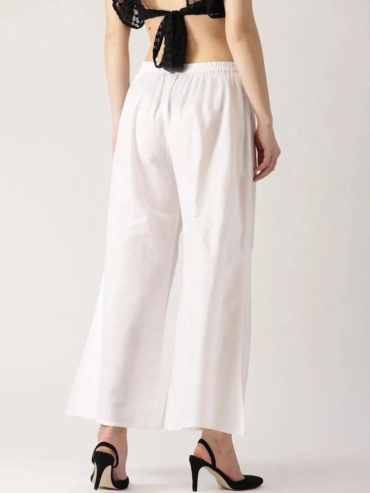 White Solid Cotton Palazzos - Libas