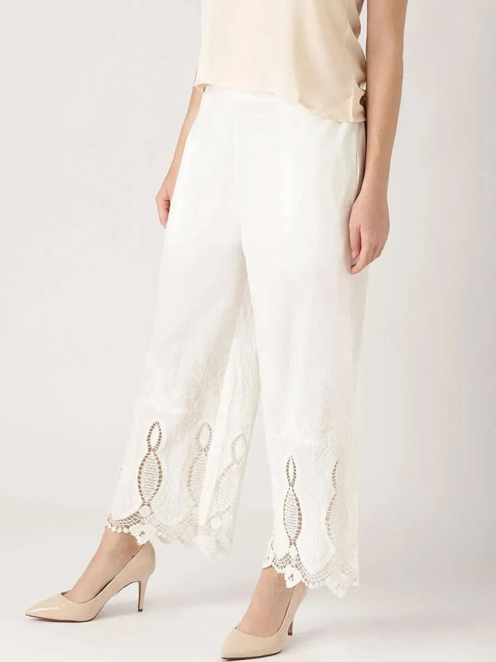 White Solid Cotton Palazzos - Libas