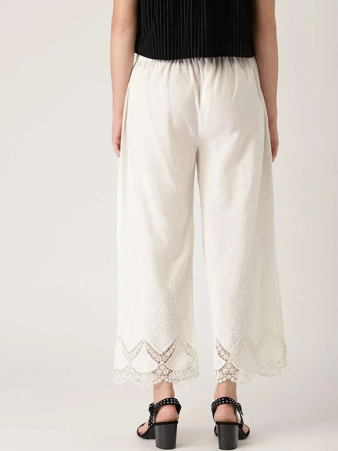 White Solid Cotton Palazzos - Libas