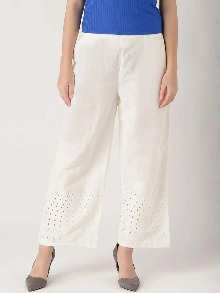 White Solid Cotton Palazzos - Libas