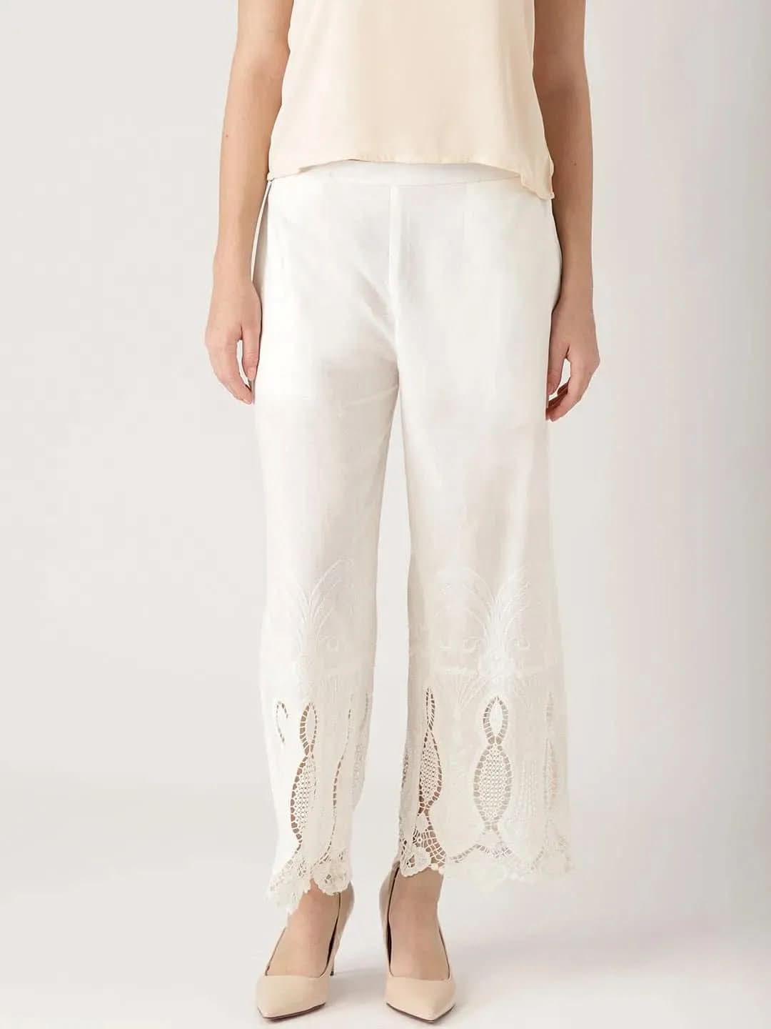White Solid Cotton Palazzos - Libas