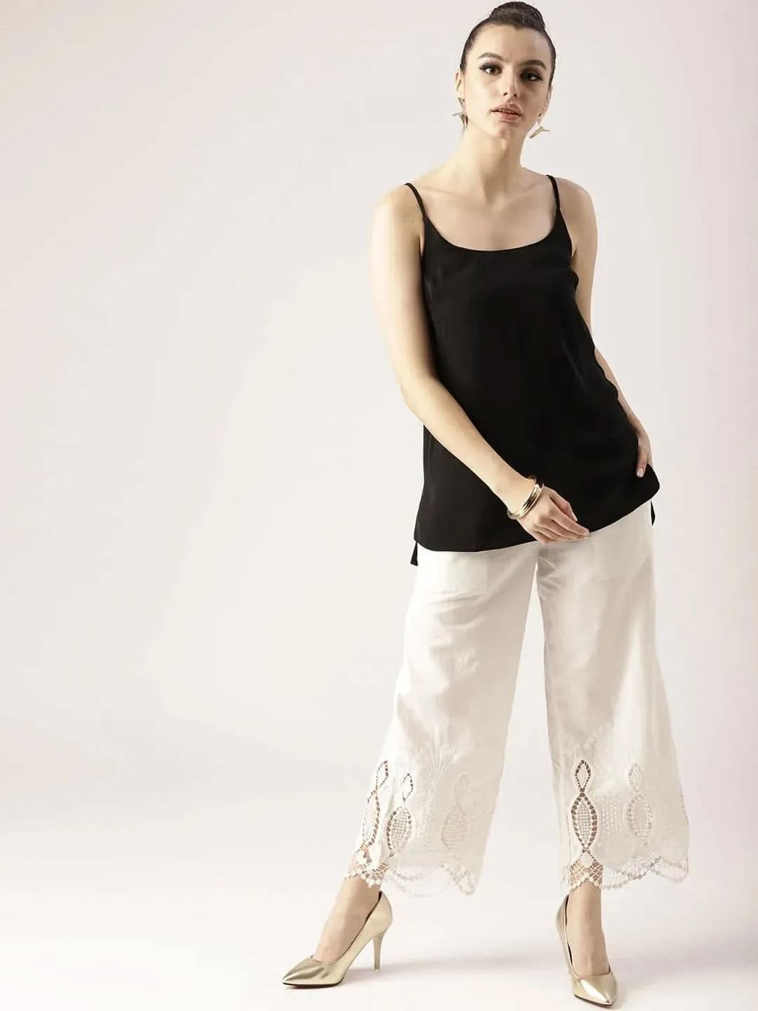 White Solid Cotton Palazzos - Libas