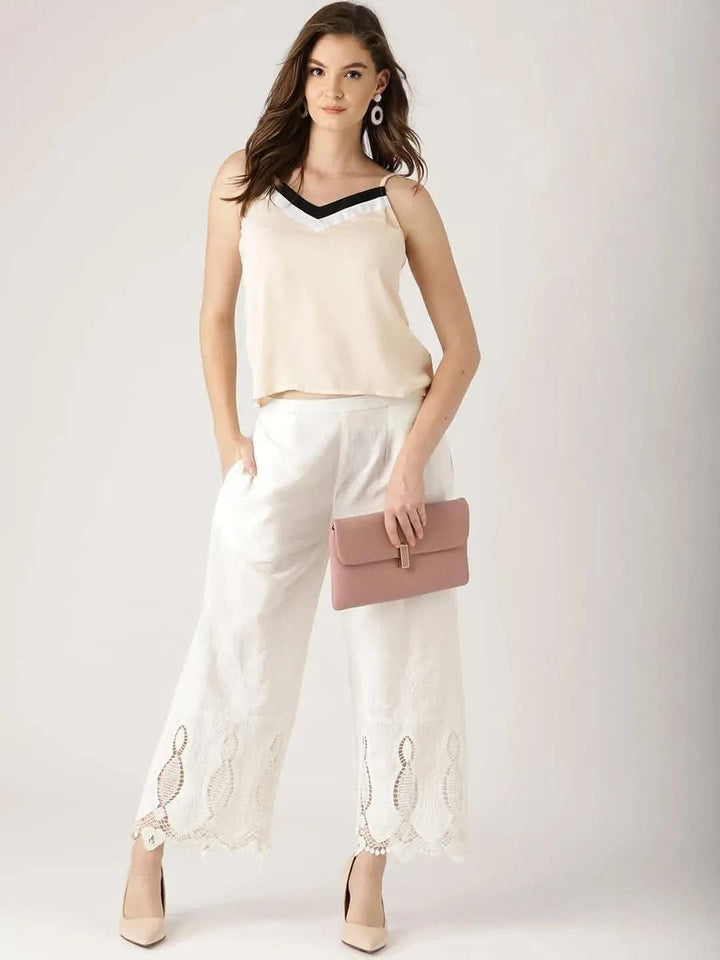 White Solid Cotton Palazzos - Libas