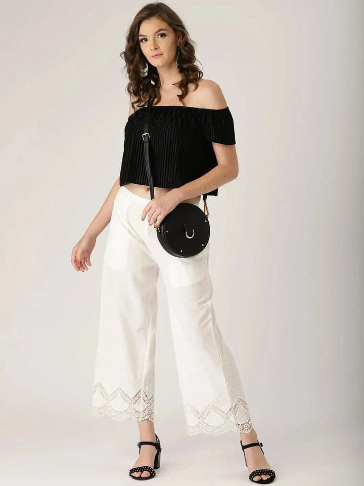 White Solid Cotton Palazzos - Libas