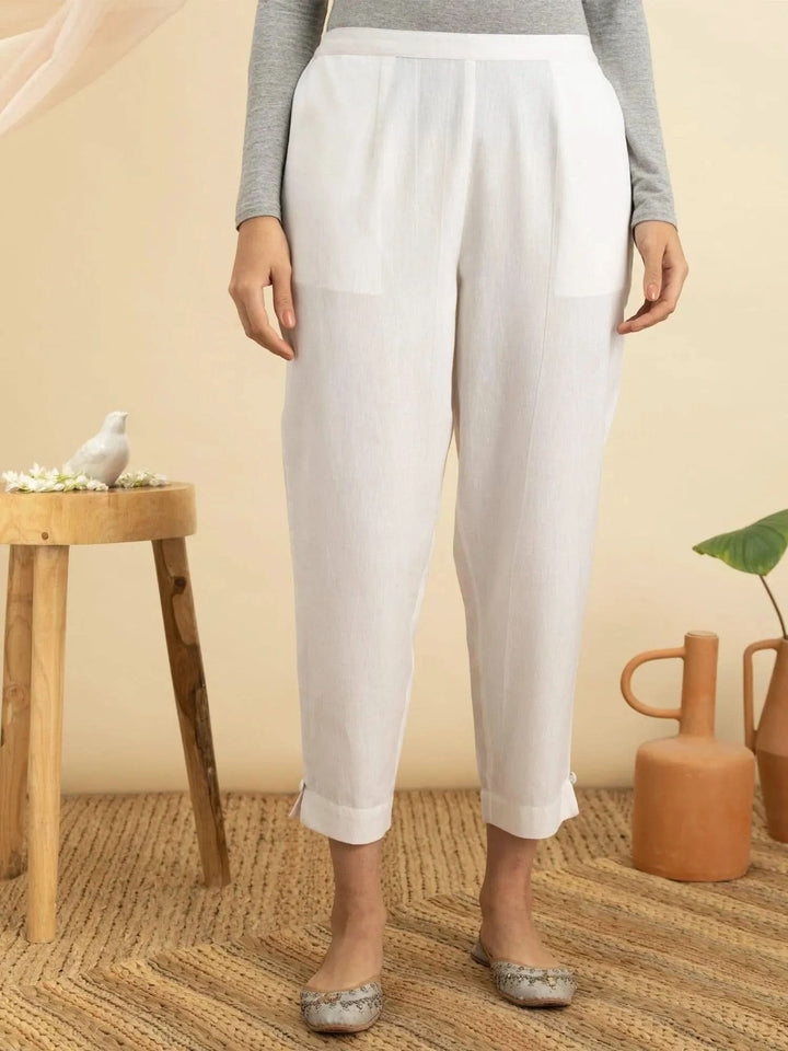 White Solid Cotton Trousers - Libas