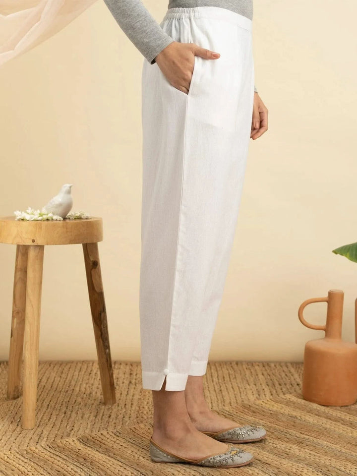 White Solid Cotton Trousers - Libas