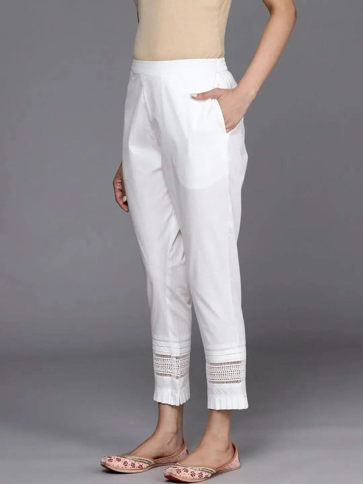 White Solid Cotton Trousers - Libas